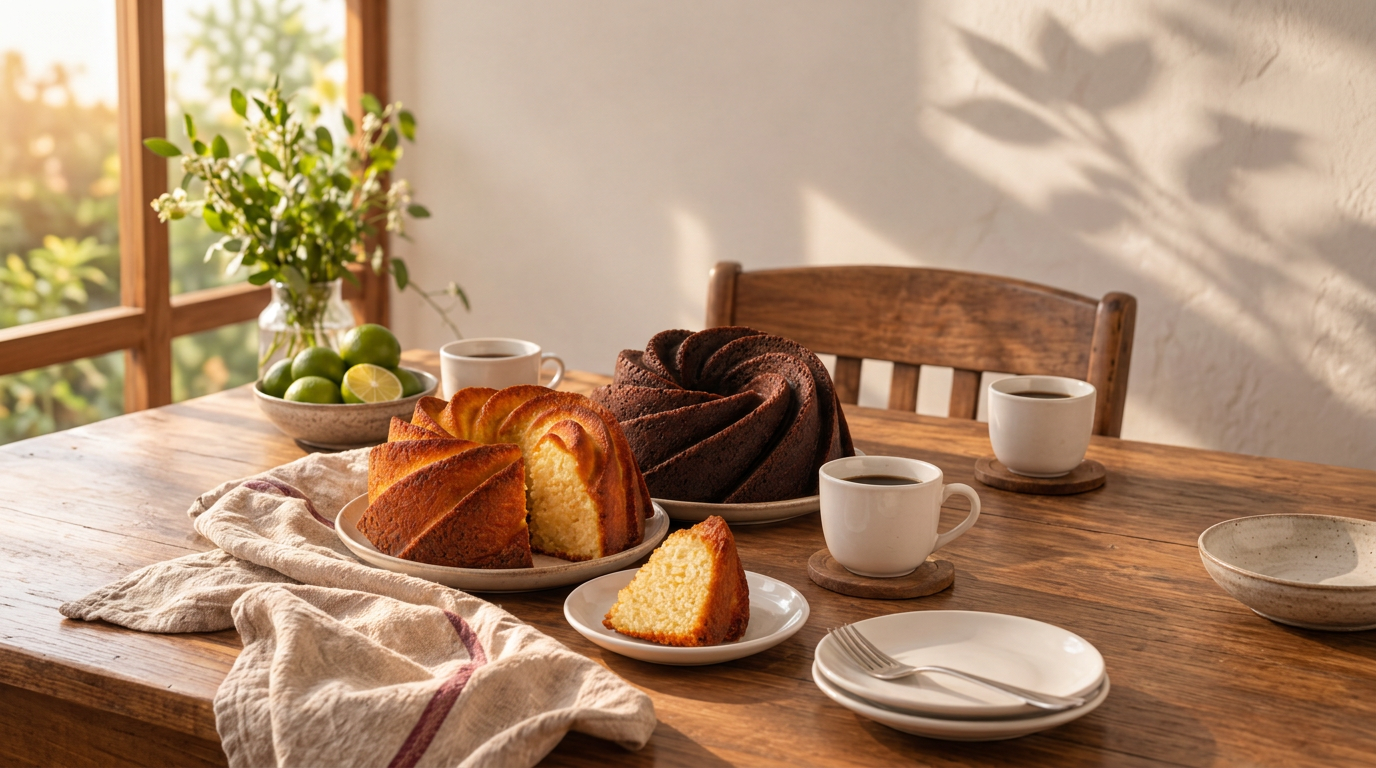 Bolos sem glúten e sem lactose na mesa, com fatia no prato e café